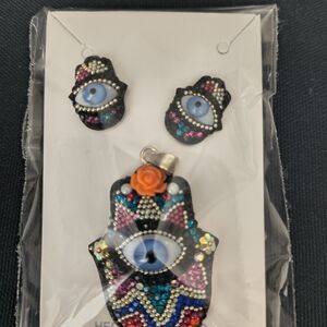 Beaded Hamsa Evil Eye Pendant & Stud Earrings - Multicolor mano de Fátima plata
